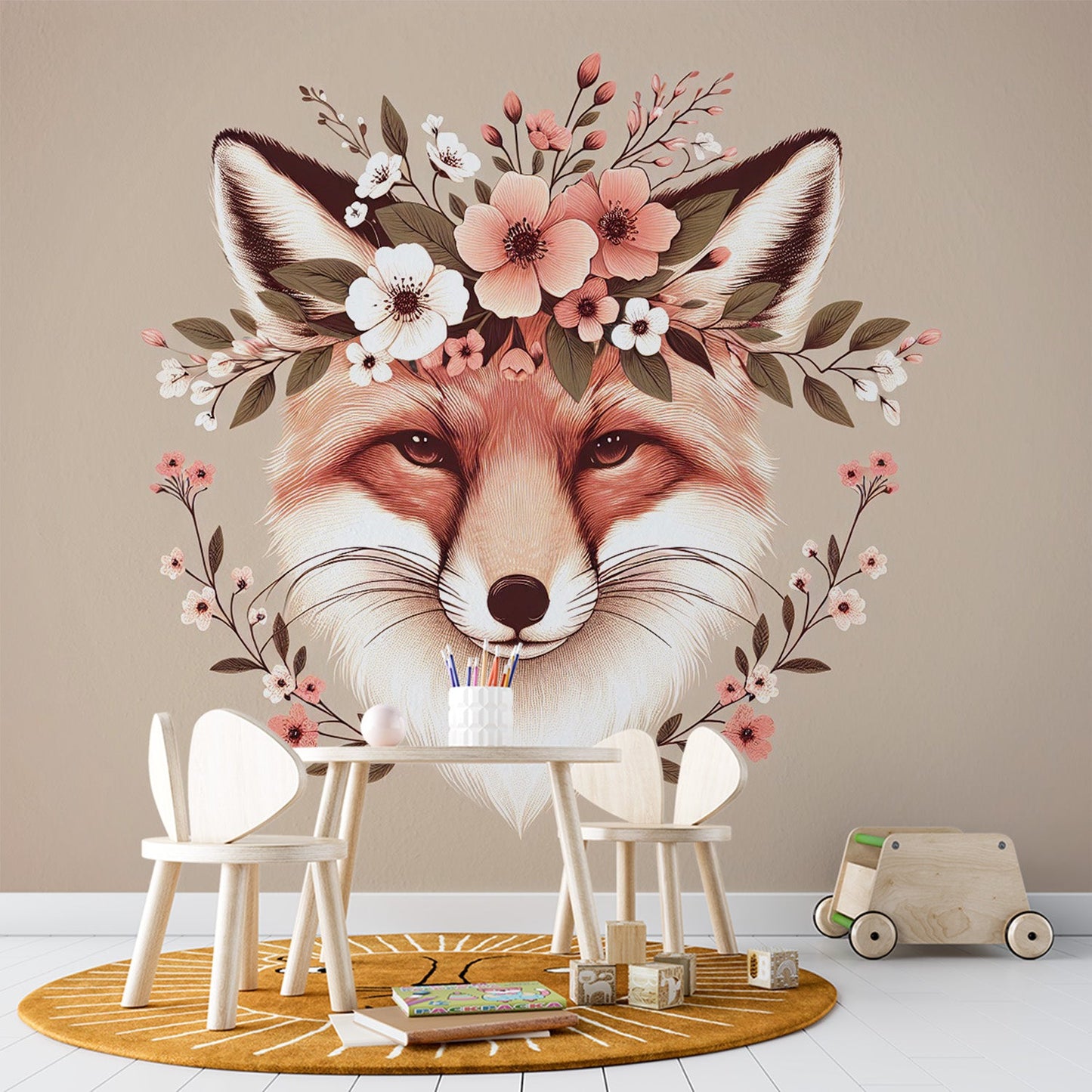 Fuchs Tapete | Blumenkranz und Fuchskopf Tapete