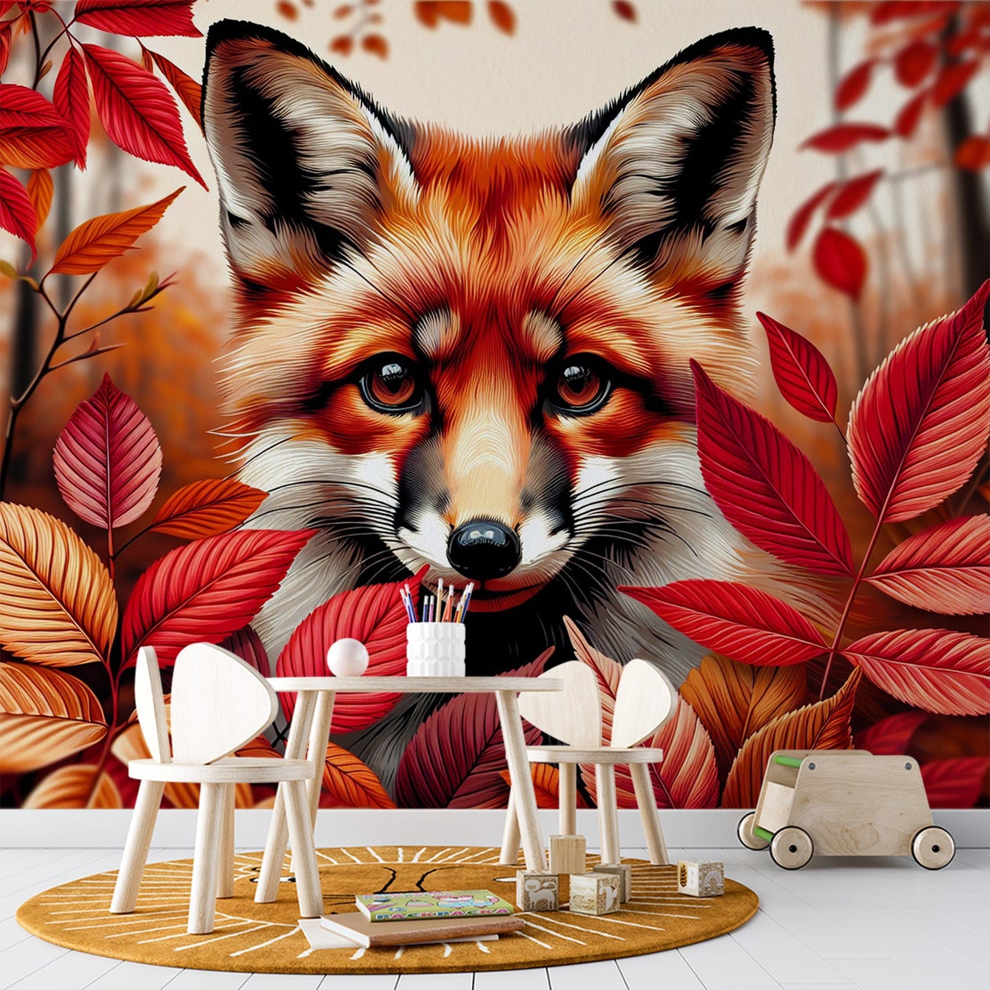 Fuchs Tapete | Rote Blätter und Herbstwald Tapete