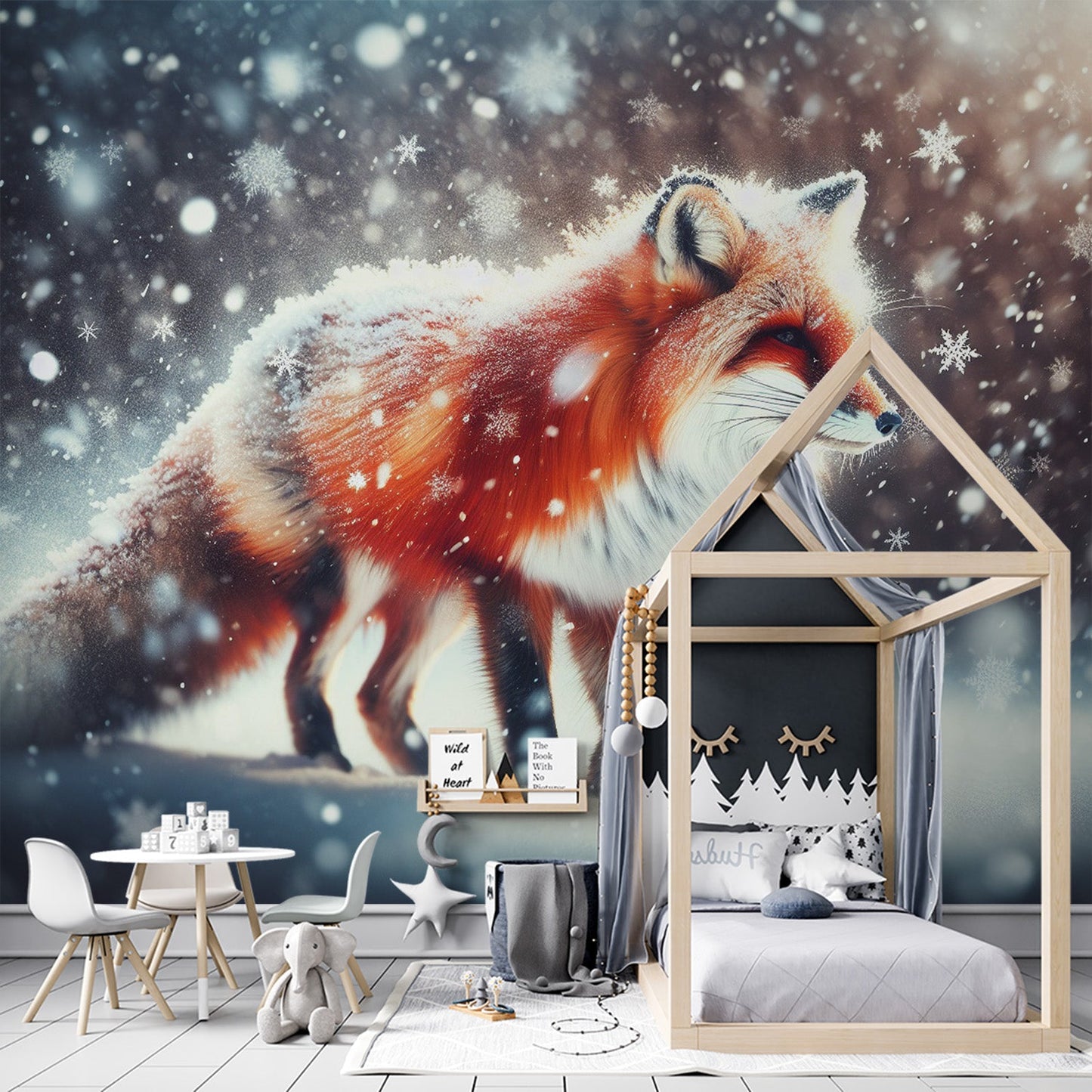 Fuchs Tapete | Schneeflocken und Rotfuchstapete