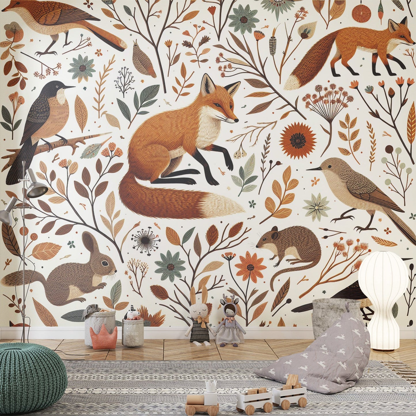 Fuchs Tapete | Vögel, Eichhörnchen und Blumen Tapete