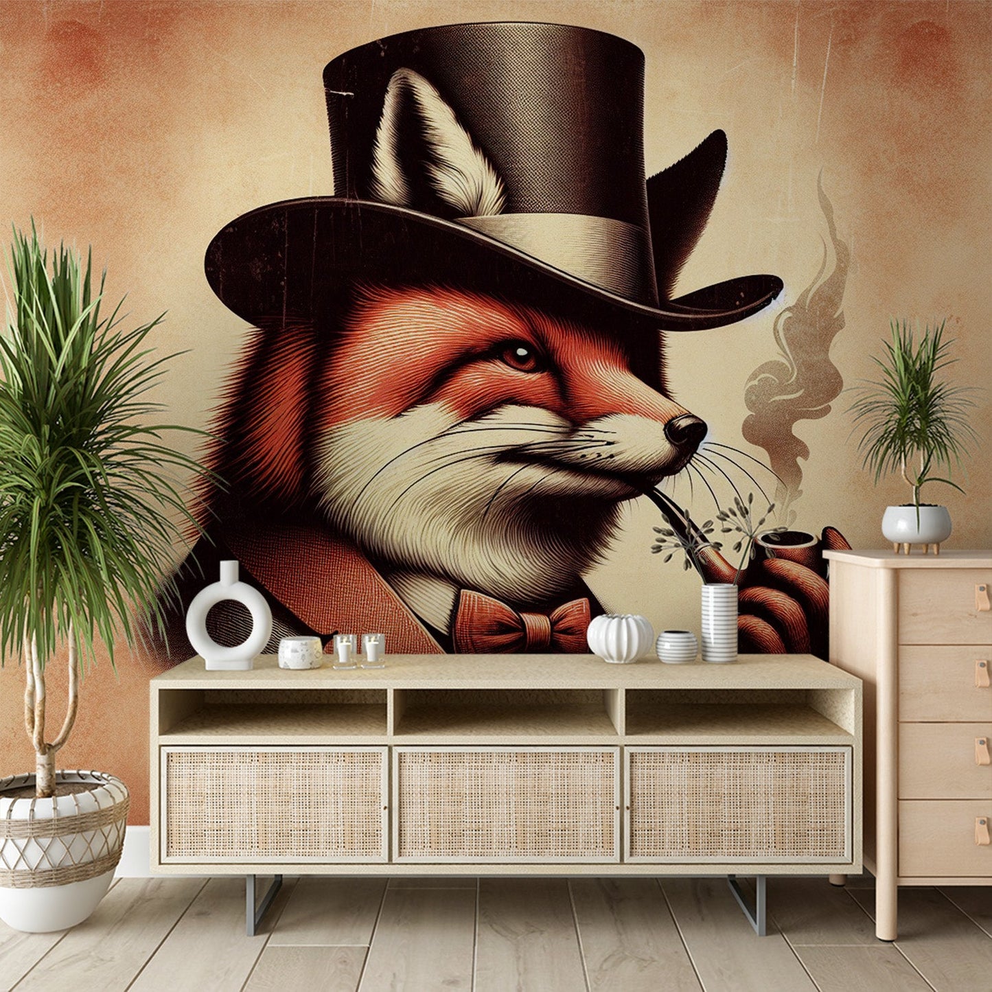 Fuchs Tapete | Vintage-Stil mit Pfeife und Hut
