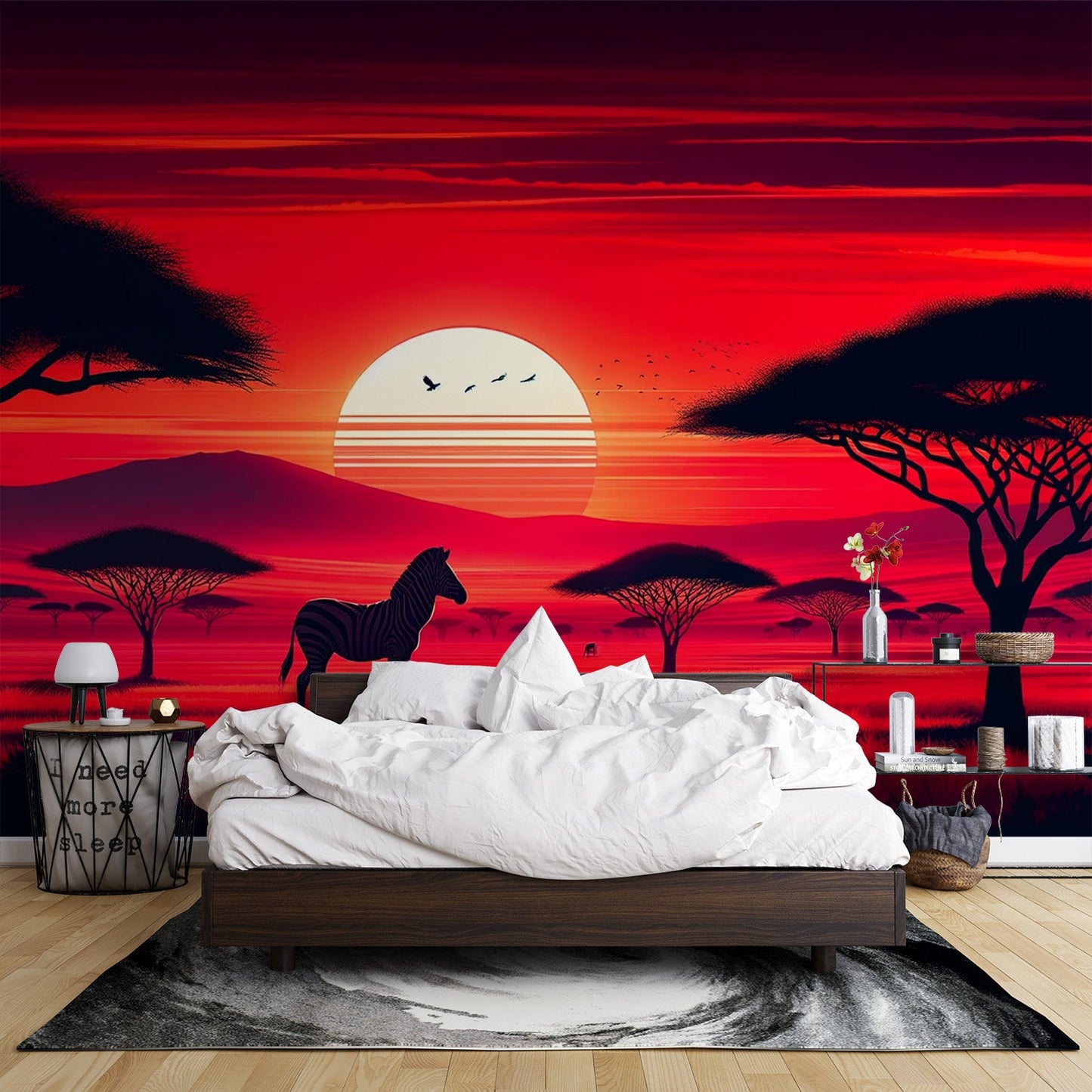 Tapete Afrika | Roter Sonnenuntergang mit Zebra Tapete