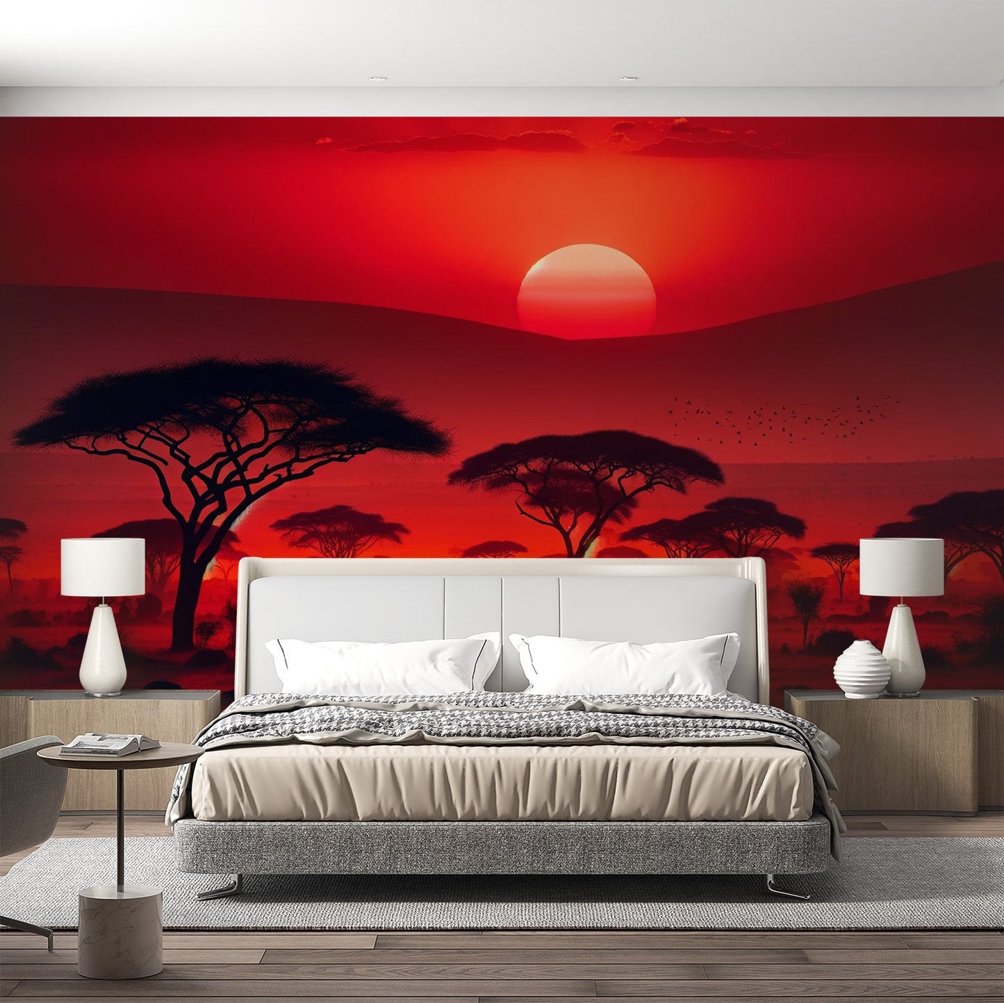 Tapete Afrika | Roter Sonne und Elefant in der Savanne