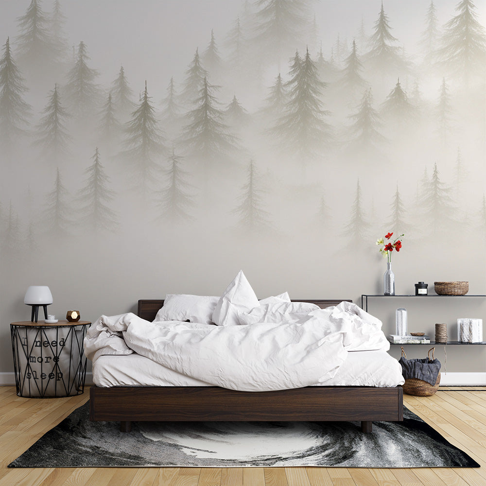 Tapete Baum | Schattiger Tannenwald und Nebel