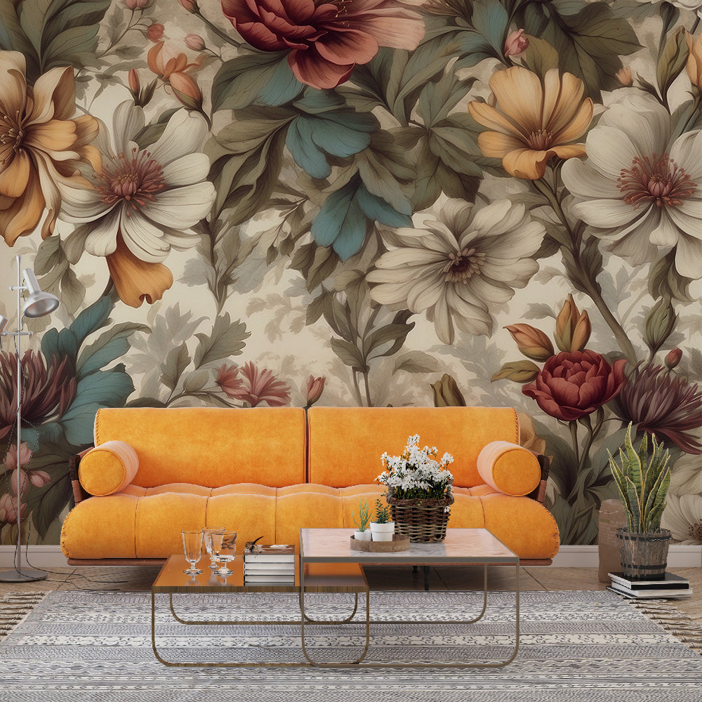 Tapete Blumen Vintage | Neutraler Ton und gealtert