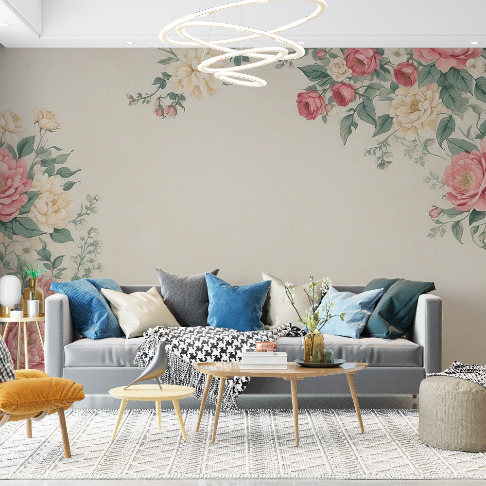 Tapete Blumen Vintage | Rosa und gelbe Blumenkomposition