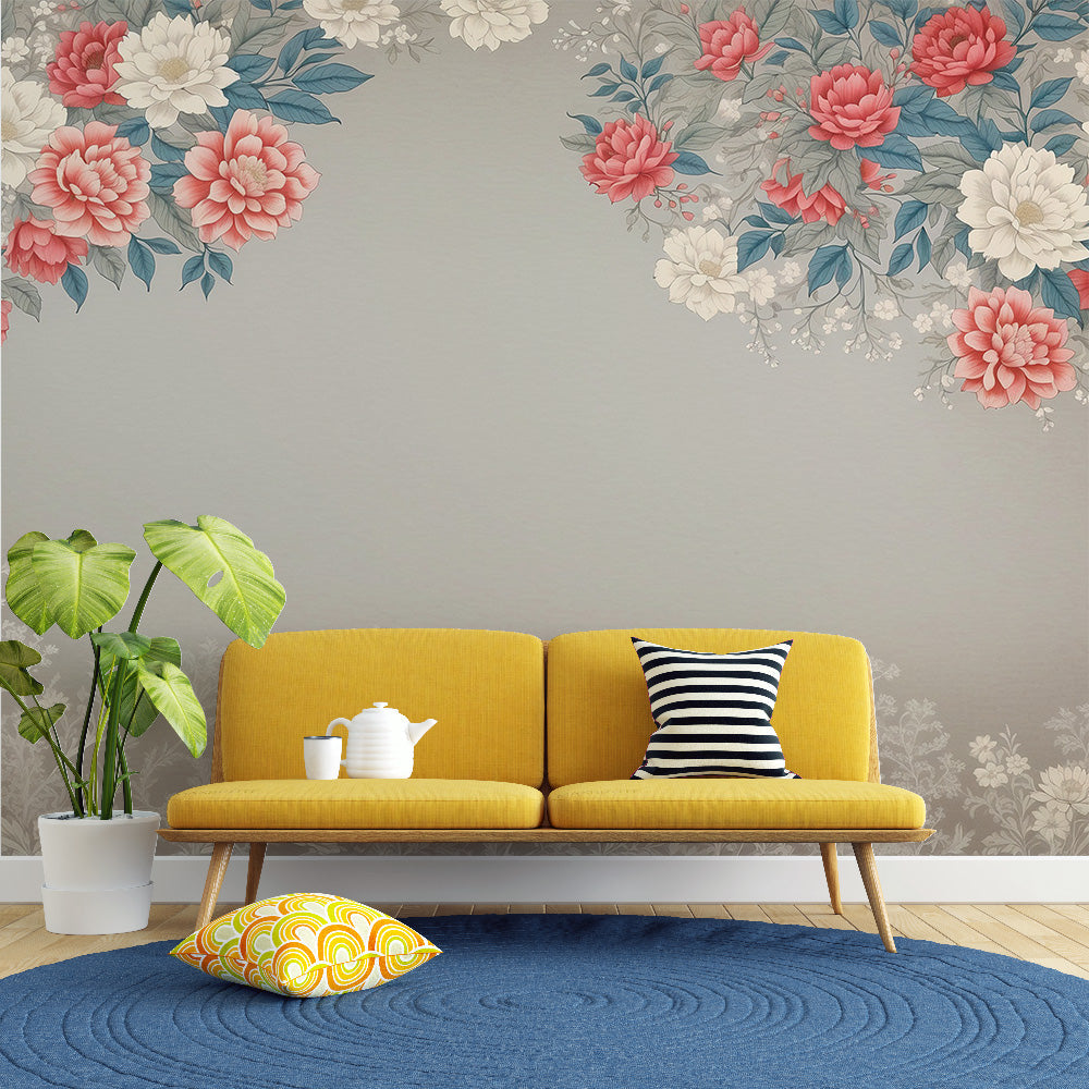 Tapete Blumen Vintage | Bunte Blumenrahmung auf neutralem Hintergrund