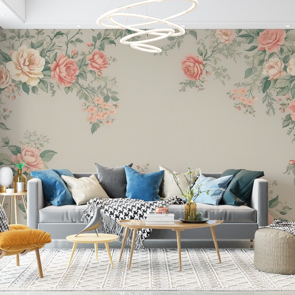 Tapete Blumen Vintage | Blumenrahmen weiße und rosa Blumen