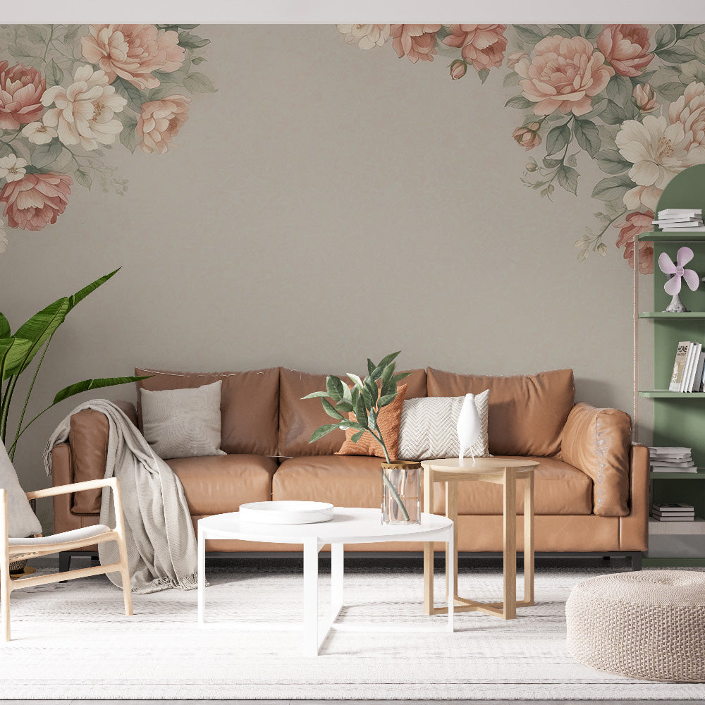 Tapete Blumen Vintage | Neutrale Blumenrahmung