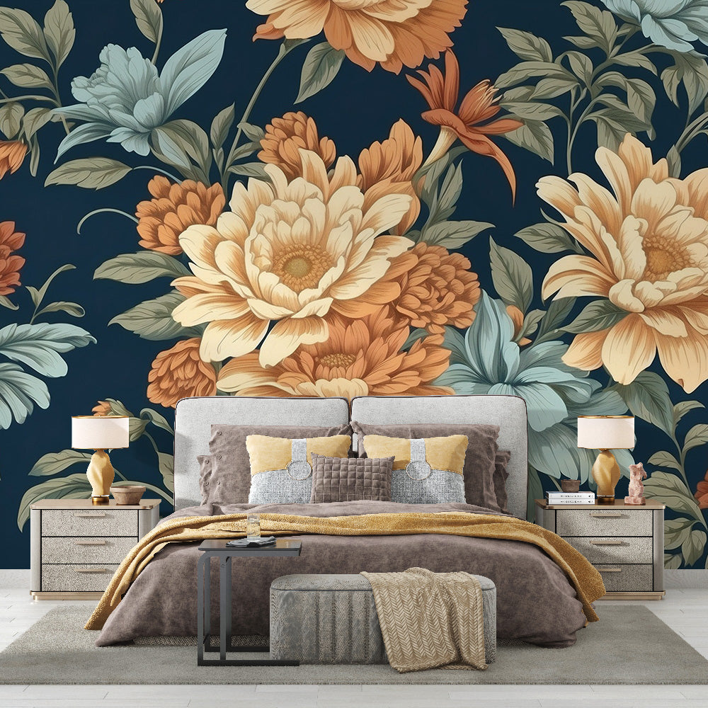 Tapete Blumen Vintage | Lebendige Blumen auf dunkelblauer Tapete