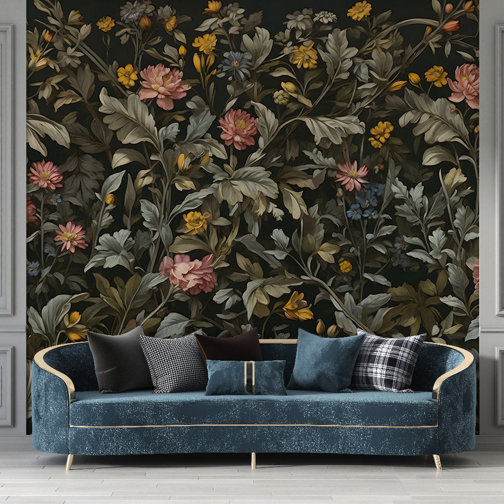 Tapete Blumen Vintage | Neutrale Blumenwandtapete auf schwarzem Hintergrund