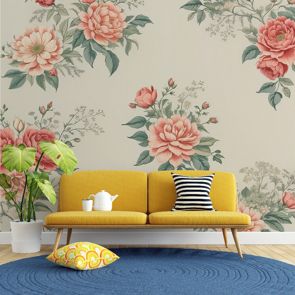 Tapete Blumen Vintage | Große rosa und rote Blumen