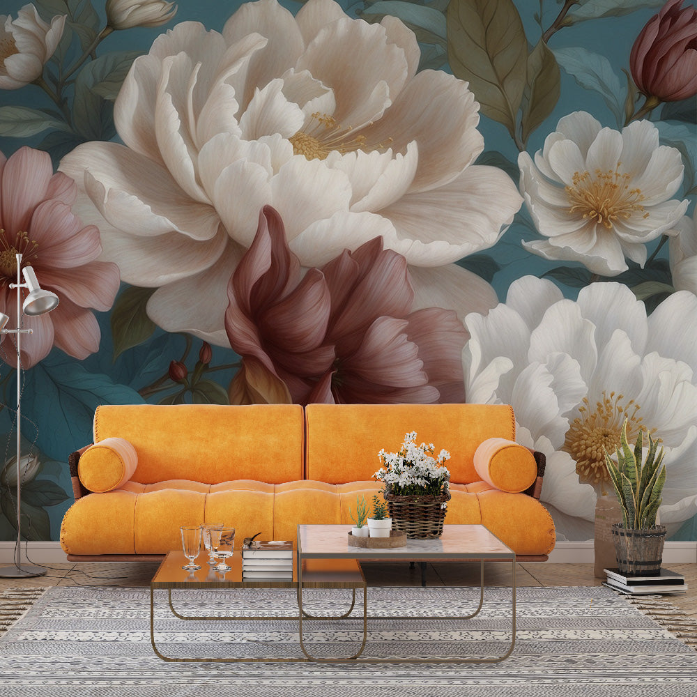 Tapete Blumen Vintage | Weiße und rosa Magnolie