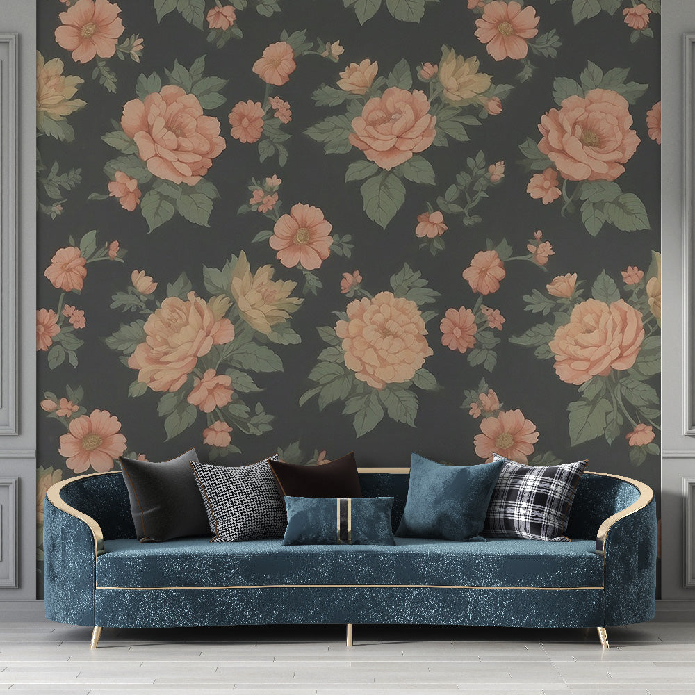 Tapete Blumen Vintage | Rosen mit dunkelgrünen Blättern