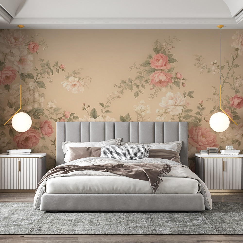 Tapete Blumen Vintage | Rosa und weiße Blumen