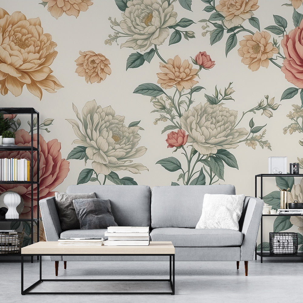 Tapete Blumen Vintage | Rosa, Gelb und Weiß