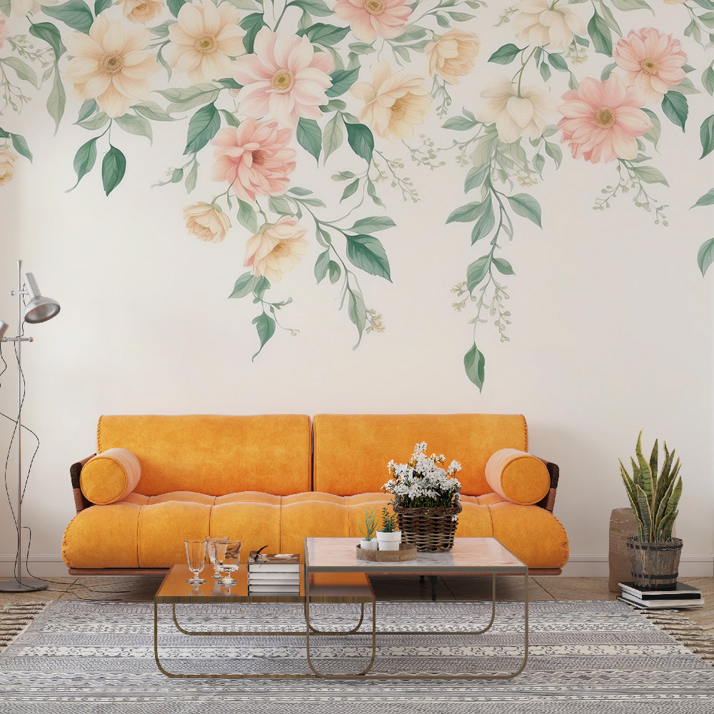 Tapete Blumen Vintage | Blumenmuster auf weißem Hintergrund