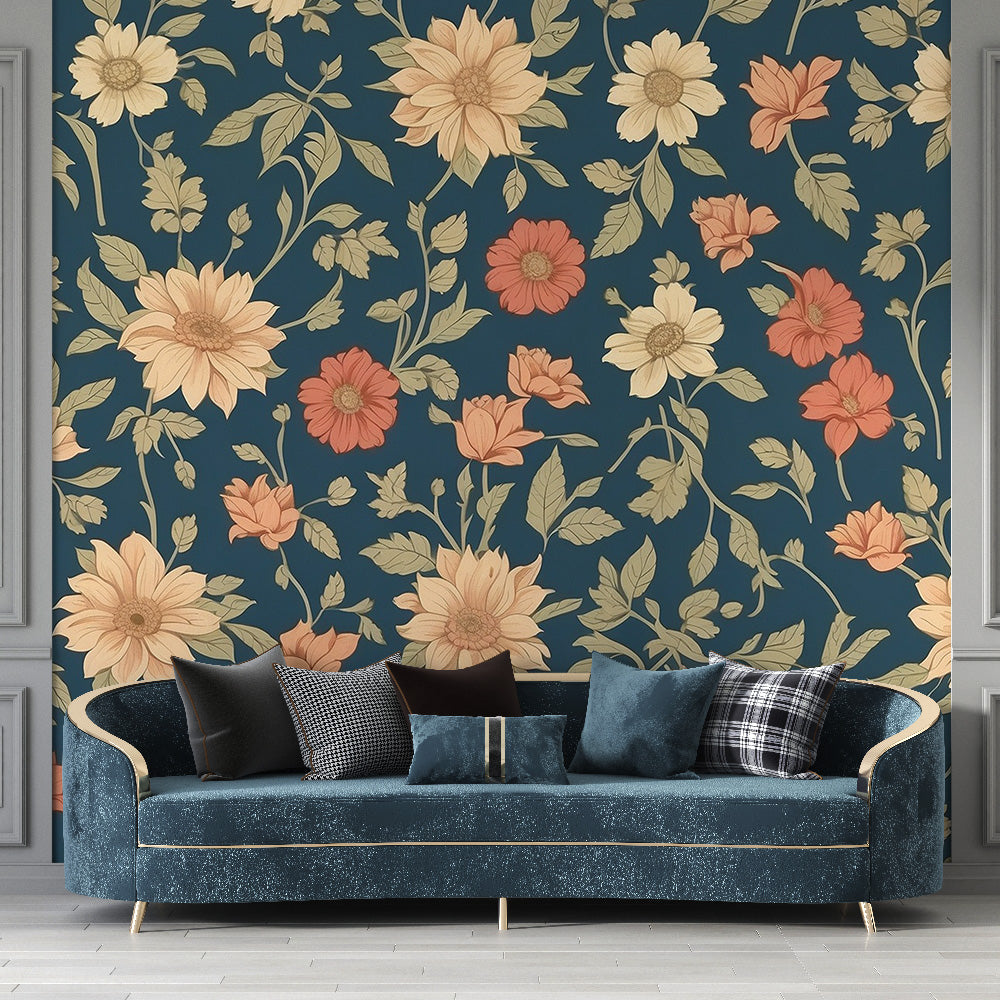 Tapete Blumen Vintage | Gelbe und rote Blumen auf dunkelblauem Hintergrund