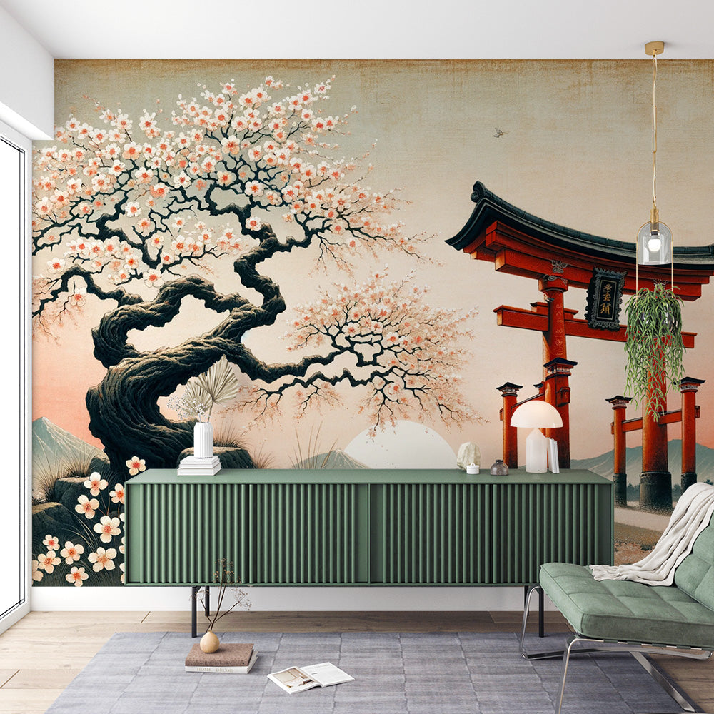 Japanische Tapete | Weiße Blumen mit japanischem Torbogen
