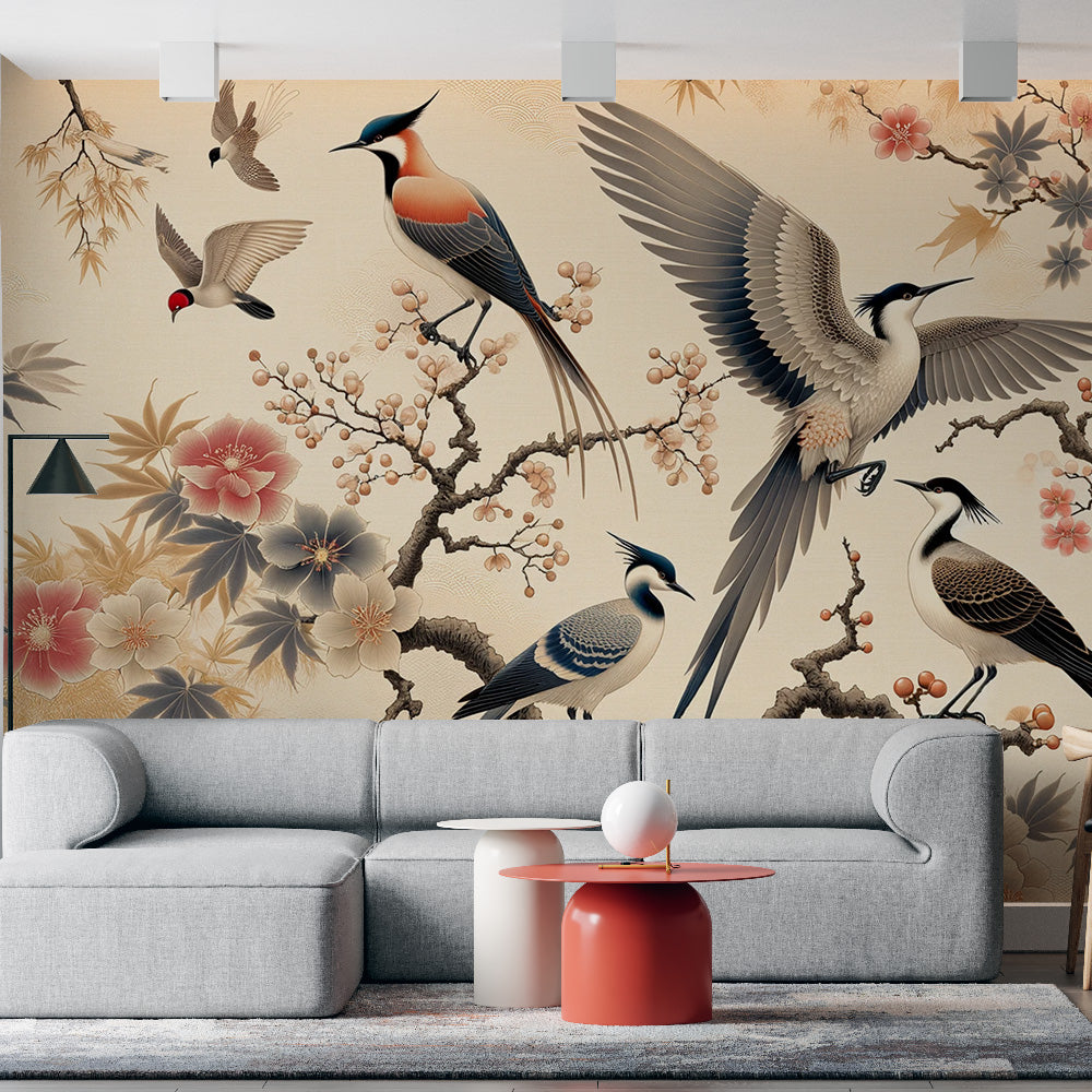 Japanische Tapete | Kraniche und Blumen
