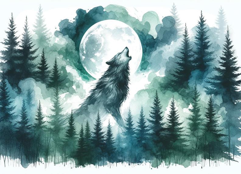 Tapete Aquarell | Wolf im verzauberten Wald