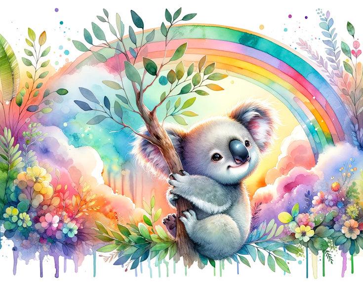 Tapete Tiere Koala | Bunte Regenbogen- und Blatt-Aquarell