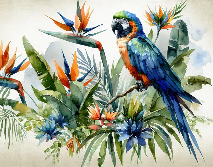 Tapete Papagei | Bunte Aquarell in Blau und Grün auf Vintage-Hintergrund