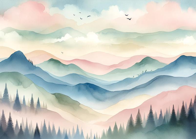 Kindertapete Berge | Aquarell grüner Wald, bunte Berge und Wolken