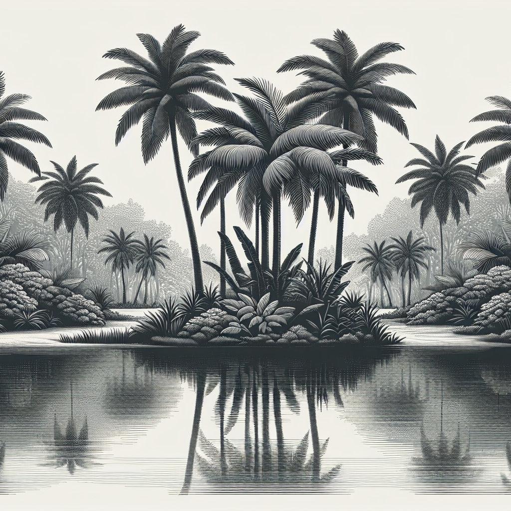 Schwarz-Weiß-Tapete | Palmenoase mit ruhigem und zen Wasser