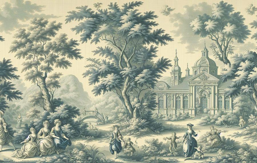 Art Deco Tapete | Toile de Jouy Stil mit königlichem Gebäude