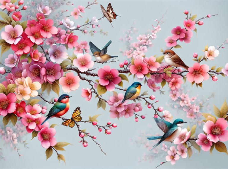 Kirschblüten Tapete | Bunte Kirschblüten und Vögel Tapete