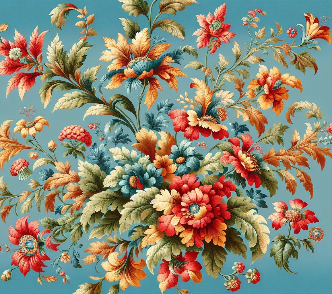 Tapete Blumen Vintage | Bunte Blumen auf blauem Hintergrund