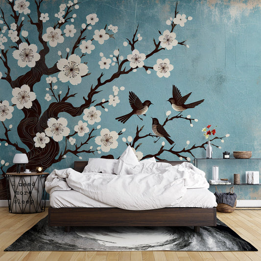 Kirschblüten Tapete | Altes blaues Hintergrundmuster im Ölgemälde-Stil mit Vögeln und weißen Blumen