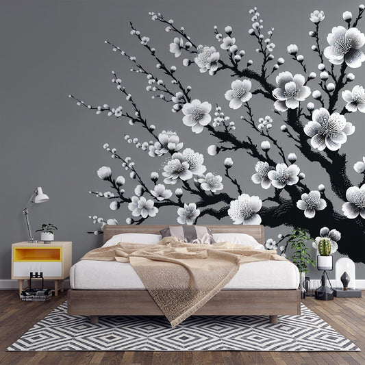 Kirschblüten Tapete | Schwarzer Stamm und weiße Blüten auf grauem Hintergrund