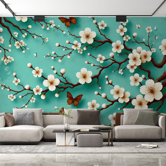Kirschblüten Tapete | Weiße Kirschblüten mit braunen Schmetterlingen auf mintgrünem Hintergrund