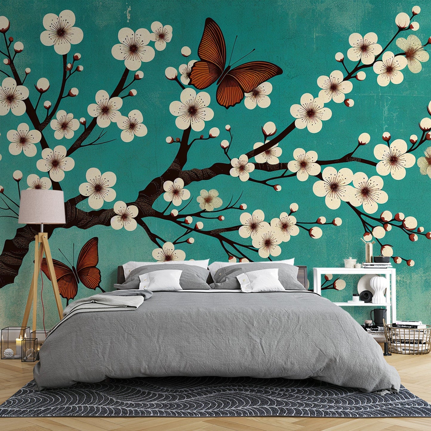 Kirschblüten Tapete | Hellgrüner Hintergrund mit weißen Kirschblüten und braunen Schmetterlingen