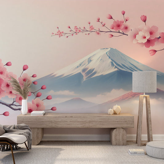 Kirschblüten Tapete | Mont Fuji und geschlossene und geöffnete rosa Kirschblüten