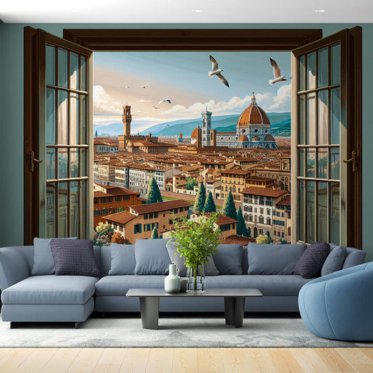 3D Tapete | Offenes Fenster mit einer Darstellung der Stadt Florenz