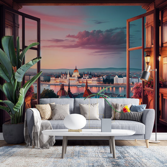 3D Tapete | Fenster und Balkon mit Blick auf eine Darstellung der Stadt Florenz