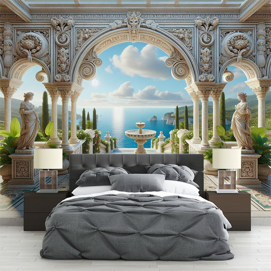 3D Tapete | Majestätischer Brunnen in antikem Ambiente mit Blick auf das Mittelmeer