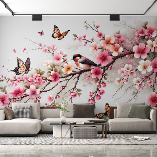 Kirschblüten Tapete | Vögel und Schmetterlinge auf rosa Kirschblütenzweigen