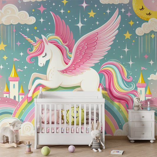 Regenbogen Tapete | Einhorn und Wolke auf rosa Hintergrund