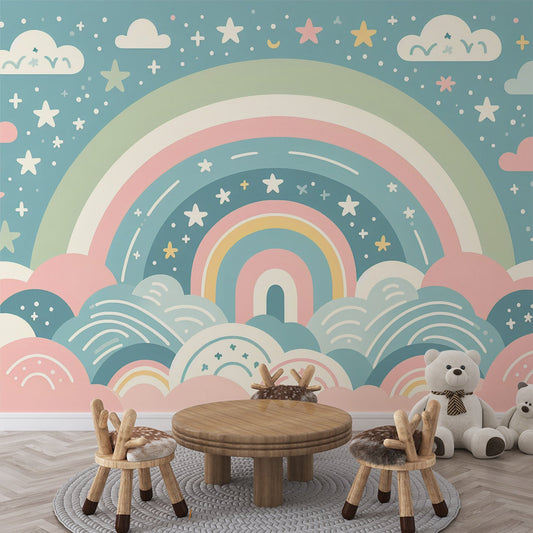 Regenbogen Tapete | Bunte Wolken mit Sternen und Regenbogen