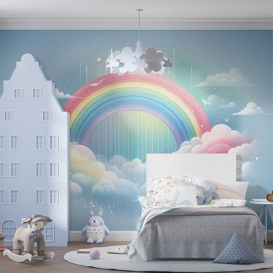 Regenbogen Tapete | Wolken, Regenbogen mit Regen auf blauem Hintergrund