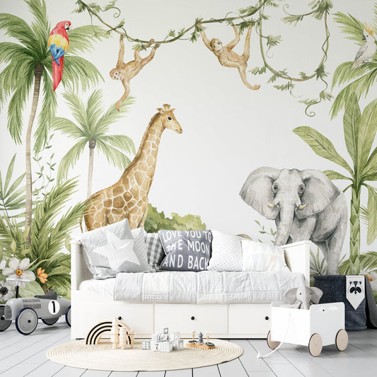 Tapete Dschungel | Palme Giraffe Elefant Nr. 029