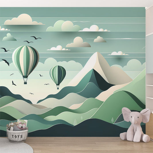 Tapete Heißluftballon | Tapete Grüne und weiße Berglandschaft