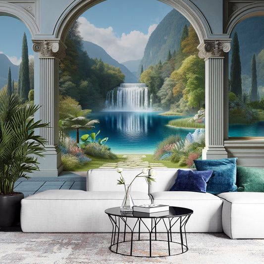 3D Tapete | Bogen mit Blick auf einen wunderschönen Waldwasserfall