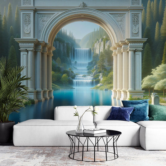 3D Tapete | Bogen und Wasserfall in einer bergigen Relief-Tapete