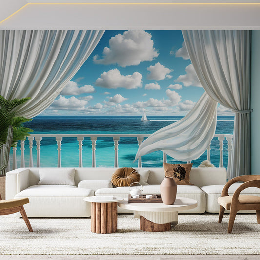 3D Tapete | Balkon und weiße Vorhänge vor einem Segelboot und einem blauen Meer
