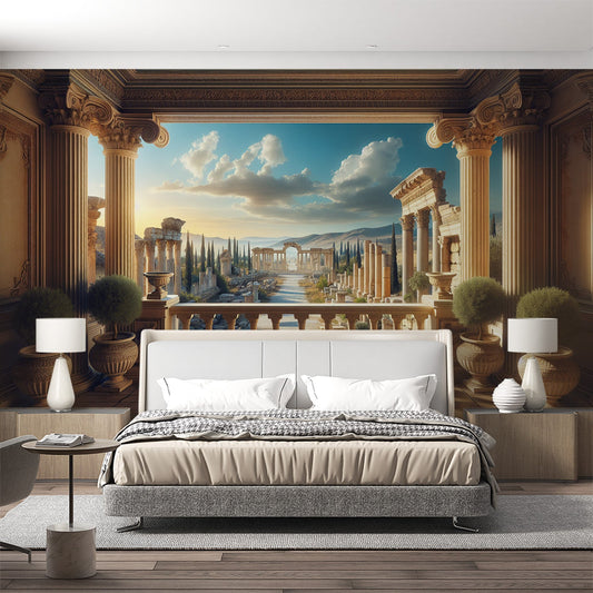 3D Tapete | Römischer Balkon mit Blick auf Monumente und Berge